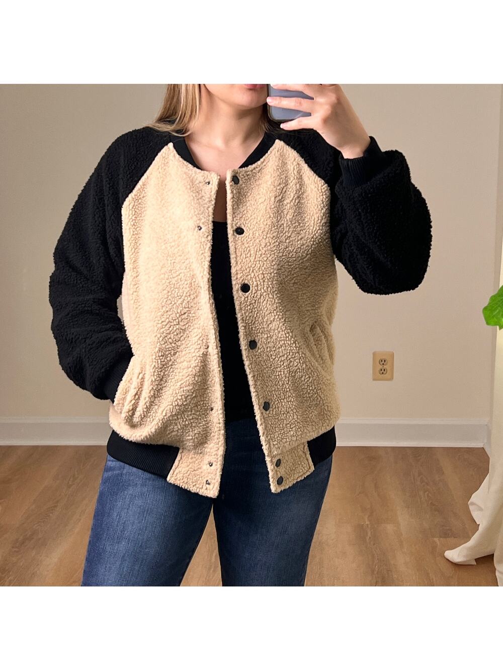 Movint Colorblock Raglan Sleeve Fleece Bomber Jacket L Black Tan Teddy